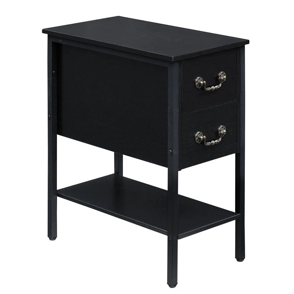 Black End Table, Narrow Chairside Table 2-Drawers and Open Storage Shelf, Nightstand 20.5 in. L x 11.8 in. W x 23.6 in. by VECELO 3 Black End Table, Narrow Chairside Table 2-Drawers and Open Storage Shelf, Nightstand 20.5 in. L x 11.8 in. W x 23.6 in. by VECELO