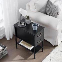 Black End Table, Narrow Chairside Table 2-Drawers and Open Storage Shelf, Nightstand 20.5 in. L x 11.8 in. W x 23.6 in. by VECELO 12 Black End Table, Narrow Chairside Table 2-Drawers and Open Storage Shelf, Nightstand 20.5 in. L x 11.8 in. W x 23.6 in. by VECELO -Camaflexi Shop black vecelo nightstands khd xf nt04 blk c3 1000