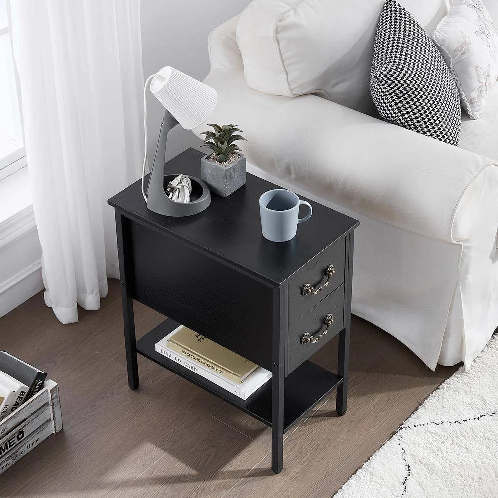 Black End Table, Narrow Chairside Table 2-Drawers and Open Storage Shelf, Nightstand 20.5 in. L x 11.8 in. W x 23.6 in. by VECELO 5 Black End Table, Narrow Chairside Table 2-Drawers and Open Storage Shelf, Nightstand 20.5 in. L x 11.8 in. W x 23.6 in. by VECELO - Image 3