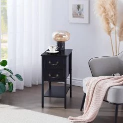 Black End Table, Narrow Chairside Table 2-Drawers and Open Storage Shelf, Nightstand 20.5 in. L x 11.8 in. W x 23.6 in. by VECELO 16 Black End Table, Narrow Chairside Table 2-Drawers and Open Storage Shelf, Nightstand 20.5 in. L x 11.8 in. W x 23.6 in. by VECELO -Camaflexi Shop black vecelo nightstands khd xf nt04 blk fa 1000
