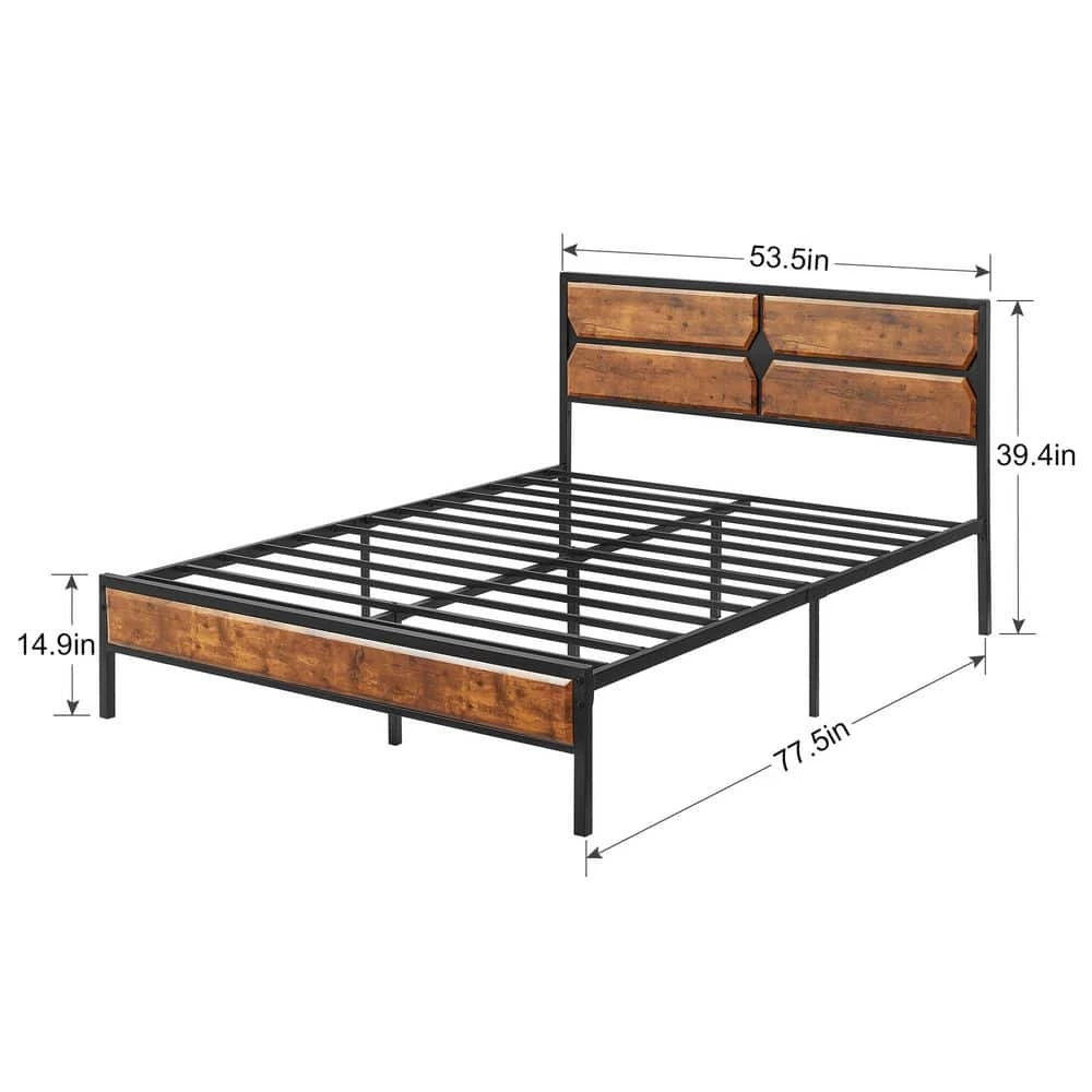 Full Size Bed Frame with Wooden Headboard, Heavy-Duty Platform Bed with Strong Metal Slat Support, 53.5 in. W, Brown by VECELO 7 Full Size Bed Frame with Wooden Headboard, Heavy-Duty Platform Bed with Strong Metal Slat Support, 53.5 in. W, Brown by VECELO - Image 5