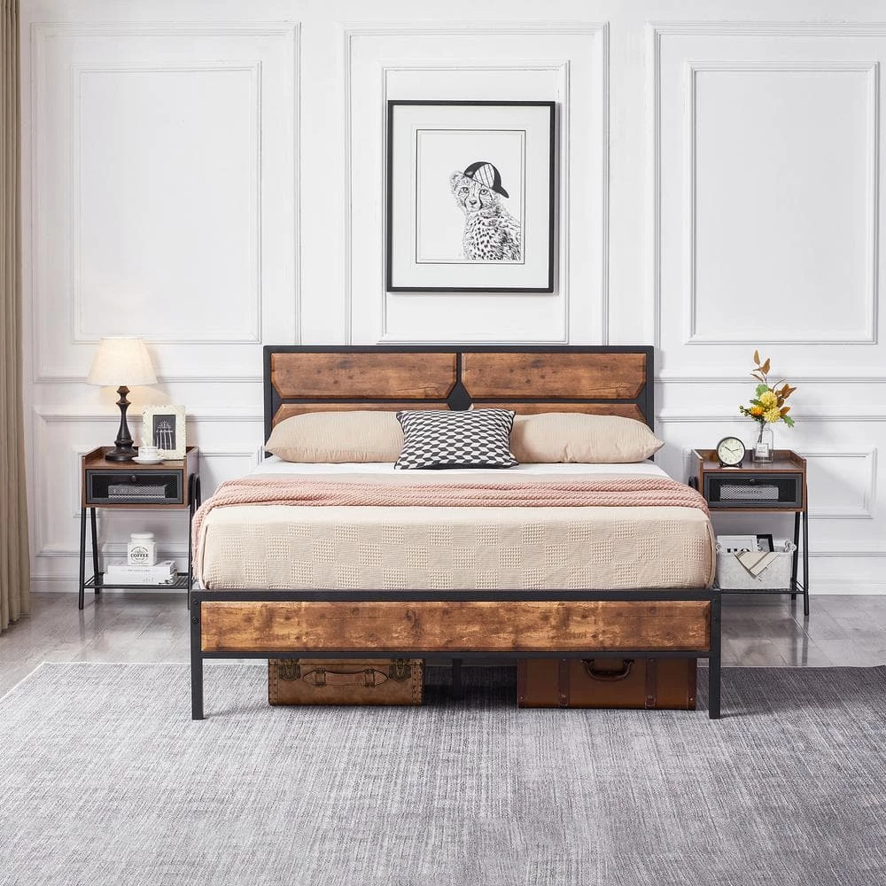Full Size Bed Frame with Wooden Headboard, Heavy-Duty Platform Bed with Strong Metal Slat Support, 53.5 in. W, Brown by VECELO 8 Full Size Bed Frame with Wooden Headboard, Heavy-Duty Platform Bed with Strong Metal Slat Support, 53.5 in. W, Brown by VECELO - Image 6