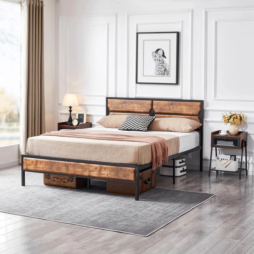 Full Size Bed Frame with Wooden Headboard, Heavy-Duty Platform Bed with Strong Metal Slat Support, 53.5 in. W, Brown by VECELO 6 Full Size Bed Frame with Wooden Headboard, Heavy-Duty Platform Bed with Strong Metal Slat Support, 53.5 in. W, Brown by VECELO - Image 4
