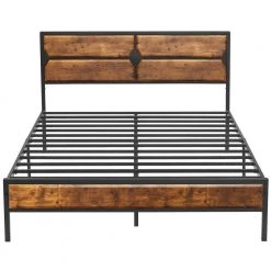 Full Size Bed Frame with Wooden Headboard, Heavy-Duty Platform Bed with Strong Metal Slat Support, 53.5 in. W, Brown by VECELO
