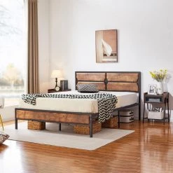 Full Size Bed Frame with Wooden Headboard, Heavy-Duty Platform Bed with Strong Metal Slat Support, 53.5 in. W, Brown by VECELO 12 Full Size Bed Frame with Wooden Headboard, Heavy-Duty Platform Bed with Strong Metal Slat Support, 53.5 in. W, Brown by VECELO -Camaflexi Shop black vecelo platform beds khd btj mbf05 rbn c3 1000