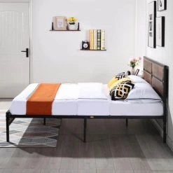 Full Size Bed Frame with Wooden Headboard, Heavy-Duty Platform Bed with Strong Metal Slat Support, 53.5 in. W, Brown by VECELO 16 Full Size Bed Frame with Wooden Headboard, Heavy-Duty Platform Bed with Strong Metal Slat Support, 53.5 in. W, Brown by VECELO -Camaflexi Shop black vecelo platform beds khd btj mbf05 rbn fa 1000