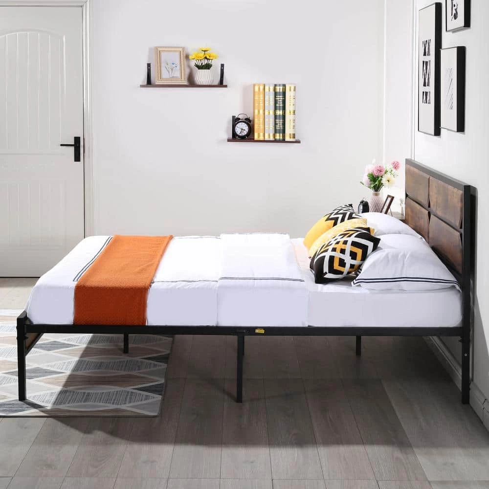 Full Size Bed Frame with Wooden Headboard, Heavy-Duty Platform Bed with Strong Metal Slat Support, 53.5 in. W, Brown by VECELO 9 Full Size Bed Frame with Wooden Headboard, Heavy-Duty Platform Bed with Strong Metal Slat Support, 53.5 in. W, Brown by VECELO - Image 7