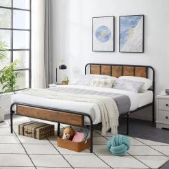 Full size Bed Frame with Industrial Wooden Headboard, High Metal Platform Bed, No Box Spring Needed, 56"W，Brown by VECELO -Camaflexi Shop black vecelo platform beds khd btj mbf07 rbn 4f 1000