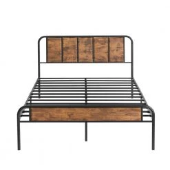 Full size Bed Frame with Industrial Wooden Headboard, High Metal Platform Bed, No Box Spring Needed, 56"W,Brown by VECELO