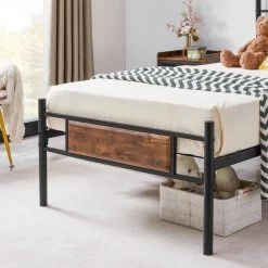 Twin Size Metal Platform Bed with Wood Headboard and Footboard Non-Slip without Noise Under Bed Storage Brown 39.4 in. W by VECELO -Camaflexi Shop black vecelo platform beds khd btj mbt06 rbn 31 1000