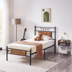 Twin Size Metal Platform Bed with Wood Headboard and Footboard Non-Slip without Noise Under Bed Storage Brown 39.4 in. W by VECELO -Camaflexi Shop black vecelo platform beds khd btj mbt06 rbn 44 1000