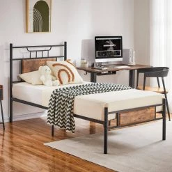Twin Size Metal Platform Bed with Wood Headboard and Footboard Non-Slip without Noise Under Bed Storage Brown 39.4 in. W by VECELO -Camaflexi Shop black vecelo platform beds khd btj mbt06 rbn 4f 1000