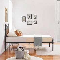 Twin Size Metal Platform Bed with Wood Headboard and Footboard Non-Slip without Noise Under Bed Storage Brown 39.4 in. W by VECELO -Camaflexi Shop black vecelo platform beds khd btj mbt06 rbn fa 1000