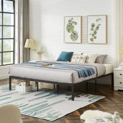 King Bed Frames No Box Spring Needed, Heavy Duty Metal Platform with Steel Slat, Easy Assembly, 76 in. W, Black, 12 Legs by VECELO -Camaflexi Shop black vecelo platform beds khd lt k04 4f 1000