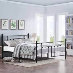 60 in. W Black Queen Size Bed Frame, Heavy Duty Metal Platform, Premium Steel Slat With Headboard and Footboard by VECELO -Camaflexi Shop black vecelo platform beds khd lt q01 44 1000