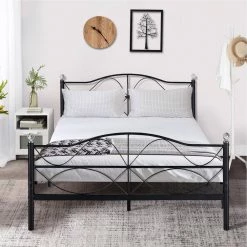 Queen Size Metal Platform Bed with Parisian Style Headboard and Footboard Underbed Storage Black 60 in. W by VECELO -Camaflexi Shop black vecelo platform beds khd lt q05 31 1000