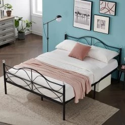 Queen Size Metal Platform Bed with Parisian Style Headboard and Footboard Underbed Storage Black 60 in. W by VECELO -Camaflexi Shop black vecelo platform beds khd lt q05 40 1000
