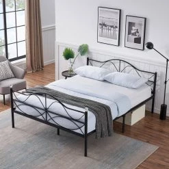 Queen Size Metal Platform Bed with Parisian Style Headboard and Footboard Underbed Storage Black 60 in. W by VECELO -Camaflexi Shop black vecelo platform beds khd lt q05 44 1000
