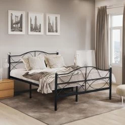Queen Size Metal Platform Bed with Parisian Style Headboard and Footboard Underbed Storage Black 60 in. W by VECELO -Camaflexi Shop black vecelo platform beds khd lt q05 c3 1000