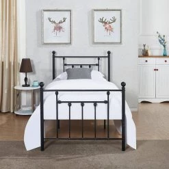 Twin Bed Frame with Headboard Heavy Duty Metal Platform Premium Steel Slat Noise Free Iron-Art Bed Frame 39 in. W Black by VECELO -Camaflexi Shop black vecelo platform beds khd lt t01 fa 1000