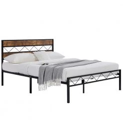 Platform Bed Frame ，Black Metal Frame， Full Size Platform Bed with Rustic Vintage Wooden Headboard, 55 in. Wide by VECELO -Camaflexi Shop black vecelo platform beds khd rb f32 31 1000