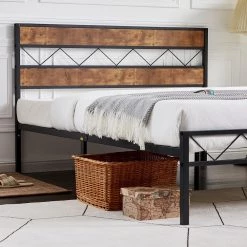 Platform Bed Frame ，Black Metal Frame， Full Size Platform Bed with Rustic Vintage Wooden Headboard, 55 in. Wide by VECELO -Camaflexi Shop black vecelo platform beds khd rb f32 44 1000