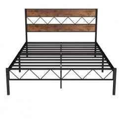 Platform Bed Frame ，Black Metal Frame， Full Size Platform Bed with Rustic Vintage Wooden Headboard, 55 in. Wide by VECELO