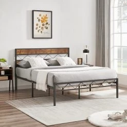 Platform Bed Frame ，Black Metal Frame， Full Size Platform Bed with Rustic Vintage Wooden Headboard, 55 in. Wide by VECELO -Camaflexi Shop black vecelo platform beds khd rb f32 c3 1000