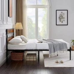 Platform Bed Frame ，Black Metal Frame， Full Size Platform Bed with Rustic Vintage Wooden Headboard, 55 in. Wide by VECELO -Camaflexi Shop black vecelo platform beds khd rb f32 fa 1000