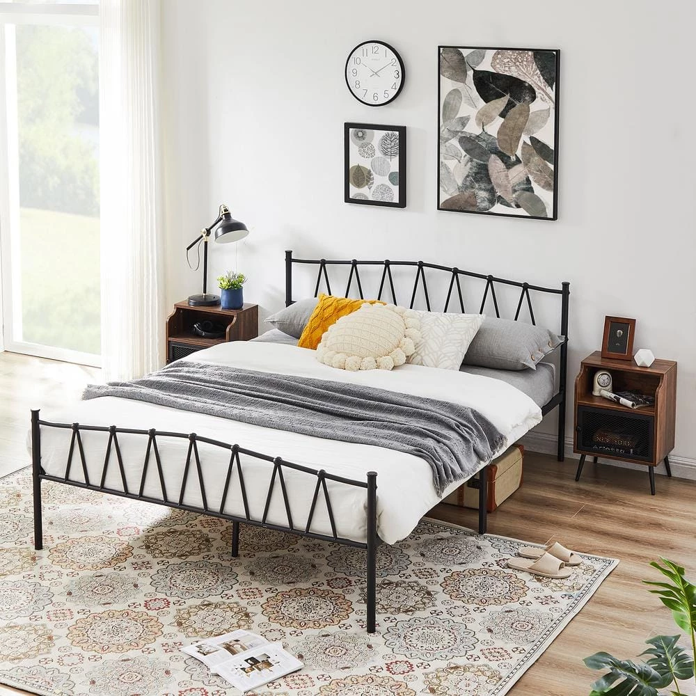 Bed Frame With Storage, Black Metal Frame, 60.2 in. W, Queen Size Platform Bed with Decorative Headboard & Footboard by VECELO 5 Bed Frame With Storage, Black Metal Frame, 60.2 in. W, Queen Size Platform Bed with Decorative Headboard & Footboard by VECELO - Image 3