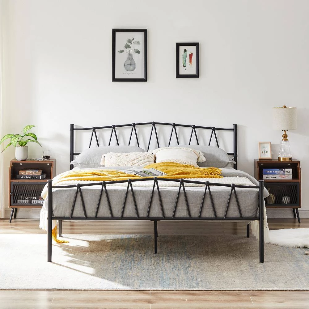 Bed Frame With Storage, Black Metal Frame, 60.2 in. W, Queen Size Platform Bed with Decorative Headboard & Footboard by VECELO 4 Bed Frame With Storage, Black Metal Frame, 60.2 in. W, Queen Size Platform Bed with Decorative Headboard & Footboard by VECELO - Image 2