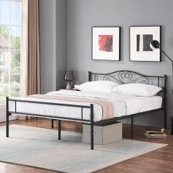 Metal Full size Bed Frame with Headbord, No Box Spring Needed, 56"W, Heavy Duty Steel Support for Teens Adults, Black by VECELO -Camaflexi Shop black vecelo platform beds khd yt f11 1f 1000