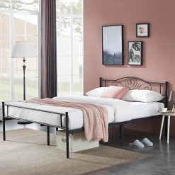 Metal Full size Bed Frame with Headbord, No Box Spring Needed, 56"W, Heavy Duty Steel Support for Teens Adults, Black by VECELO -Camaflexi Shop black vecelo platform beds khd yt f11 31 1000