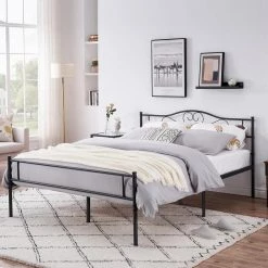 Metal Full size Bed Frame with Headbord, No Box Spring Needed, 56"W, Heavy Duty Steel Support for Teens Adults, Black by VECELO -Camaflexi Shop black vecelo platform beds khd yt f11 c3 1000