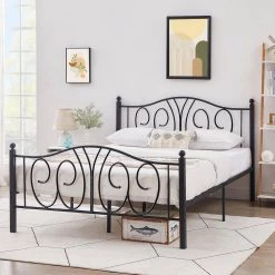 Black Full Size Metal Platform Bed Frame 54 in. W Mattress Foundation with Deluxe Headboard and Footboard by VECELO 15 Black Full Size Metal Platform Bed Frame 54 in. W Mattress Foundation with Deluxe Headboard and Footboard by VECELO -Camaflexi Shop black vecelo platform beds khd yt f18 1f 1000