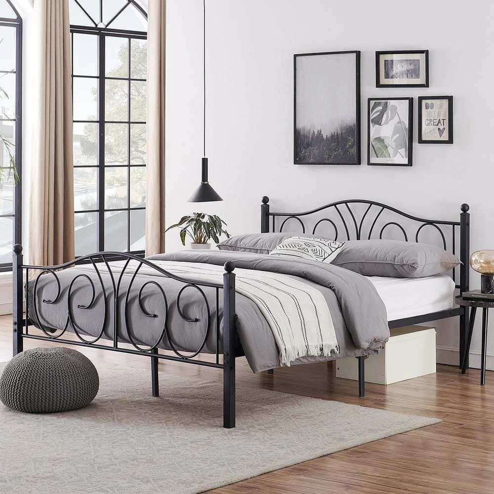 Black Full Size Metal Platform Bed Frame 54 in. W Mattress Foundation with Deluxe Headboard and Footboard by VECELO 5 Black Full Size Metal Platform Bed Frame 54 in. W Mattress Foundation with Deluxe Headboard and Footboard by VECELO - Image 3