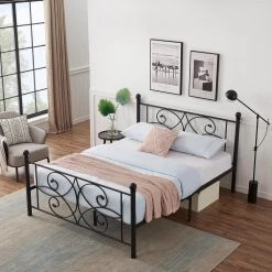 54 in. Black Metal Bed Frame Full Size With Headboards Steel Platform Bed for Kids Box Spring Replacement by VECELO 16 54 in. Black Metal Bed Frame Full Size With Headboards Steel Platform Bed for Kids Box Spring Replacement by VECELO -Camaflexi Shop black vecelo platform beds khd yt f19 76 1000