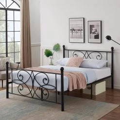 54 in. Black Metal Bed Frame Full Size With Headboards Steel Platform Bed for Kids Box Spring Replacement by VECELO 15 54 in. Black Metal Bed Frame Full Size With Headboards Steel Platform Bed for Kids Box Spring Replacement by VECELO -Camaflexi Shop black vecelo platform beds khd yt f19 fa 1000