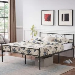 Queen Size Metal Bed Frame 60 in. W Metal Platform Bed Headboard and Footboard Metal Slat Support Black Bed Frames by VECELO -Camaflexi Shop black vecelo platform beds khd yt q08 31 1000