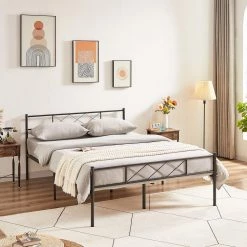 Queen Size Metal Bed Frame 60 in. W Metal Platform Bed Headboard and Footboard Metal Slat Support Black Bed Frames by VECELO -Camaflexi Shop black vecelo platform beds khd yt q08 66 1000