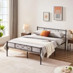 Queen Size Metal Bed Frame 60 in. W Metal Platform Bed Headboard and Footboard Metal Slat Support Black Bed Frames by VECELO -Camaflexi Shop black vecelo platform beds khd yt q08 c3 1000