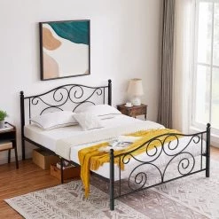Queen Size Bed Frame Support with Headboard and Footboard, No Box Spring Need Metal Platform Bed, Black, 60"W by VECELO 15 Queen Size Bed Frame Support with Headboard and Footboard, No Box Spring Need Metal Platform Bed, Black, 60"W by VECELO -Camaflexi Shop black vecelo platform beds khd yt q16 44 1000