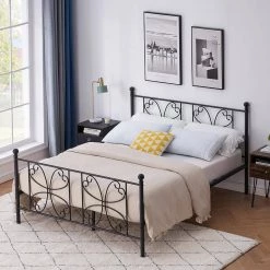 63 in. W Black Bed Frame Black Single Platform Steel Bed Frame with Storage Queen Size Bed Mattress Foundation Support by VECELO -Camaflexi Shop black vecelo platform beds khd yt q27 c3 1000