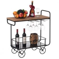 Metal Wine Bar Serving Cart with Rolling Wheels Wine Rack and Glass Holder by Vintiquewise