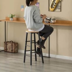 Black 28" High Wooden Rustic Round Bar Stool Backless with Footrest for Indoor and Outdoor by Vintiquewise -Camaflexi Shop black vintiquewise bar stools qi004466 44 1000
