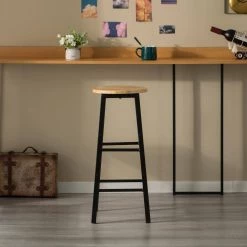 Black 28" High Wooden Rustic Round Bar Stool Backless with Footrest for Indoor and Outdoor by Vintiquewise -Camaflexi Shop black vintiquewise bar stools qi004466 fa 1000