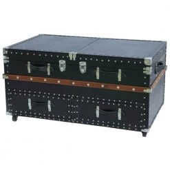 Black Crocodile Leather Coffee End Table and Wine Bar Trunk with Sliding Top and Drawers by Vintiquewise