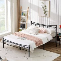 Bed Frame, Black, Wide Carbon Steel Bed Frame, Full 54 in. W, Platform Bed with Headboard and Footboard by VECELO -Camaflexi Shop black1 vecelo platform beds qh khd rb f30 44 1000