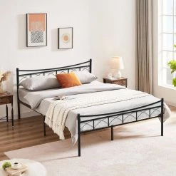 Bed Frame, Black, Wide Carbon Steel Bed Frame, Full 54 in. W, Platform Bed with Headboard and Footboard by VECELO -Camaflexi Shop black1 vecelo platform beds qh khd rb f30 fa 1000