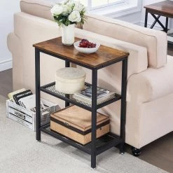 3-Tier Brown Side Table，Stable Open Book Shelves with Metal Frames, Rectangle End table，13.8"W x 21.6"D x 30"H，Set Of 2 by VECELO -Camaflexi Shop brown a2 vecelo end side tables khd xf nt05 brn a2 31 1000